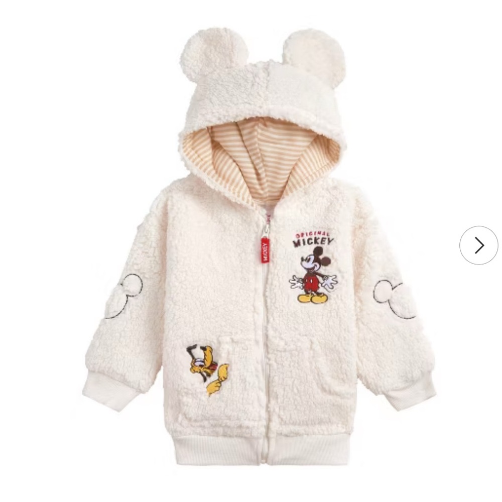 Disney Mickey Mouse Toddler Boys Cozy High Pile Fleece Zip Up Hoodie Cream 3T